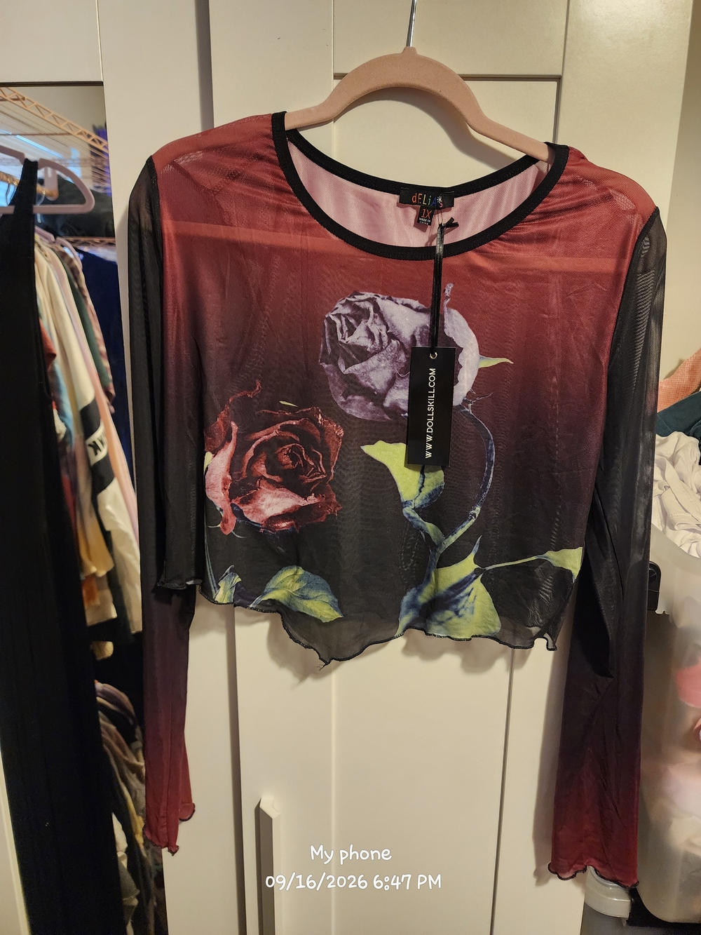 dELiA*s Burgundy Black Sheer Rose-Print Long Sleeve Crop Top